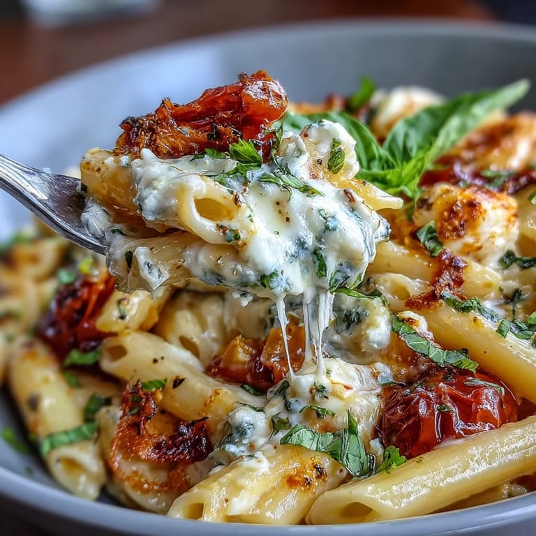 Close-up of baked feta pasta, a comforting Mediterranean dish with basil garnish.