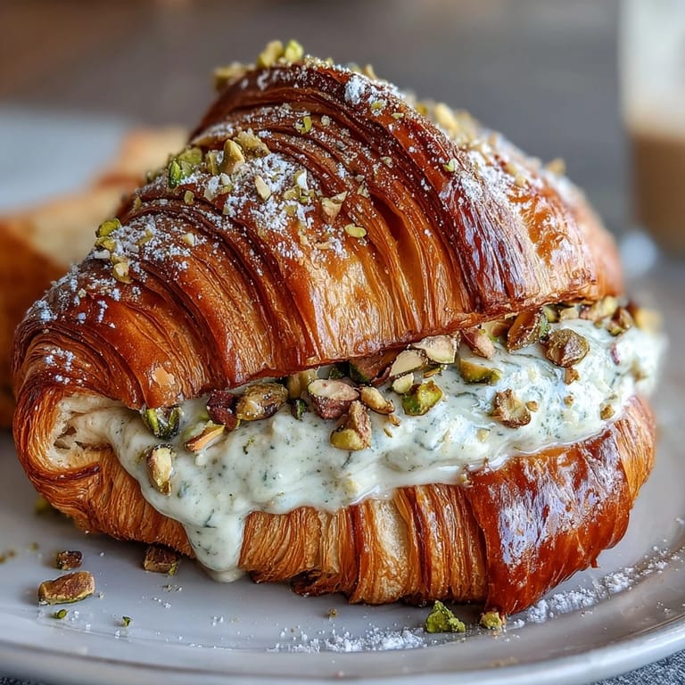 Rich pistachio cream oozing from warm, buttery croissants, dusted with powdered sugar and garnished with crunchy pistachios.