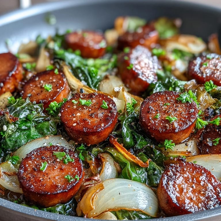 Hearty Cabbage and Sausage Skillet featuring browned sausage, sautéed cabbage, and a hint of caraway seeds for a rustic European flavor.