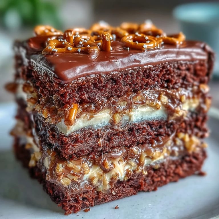 Moist chocolate cake layer filled with creamy peanut butter and pretzel crunch delight.