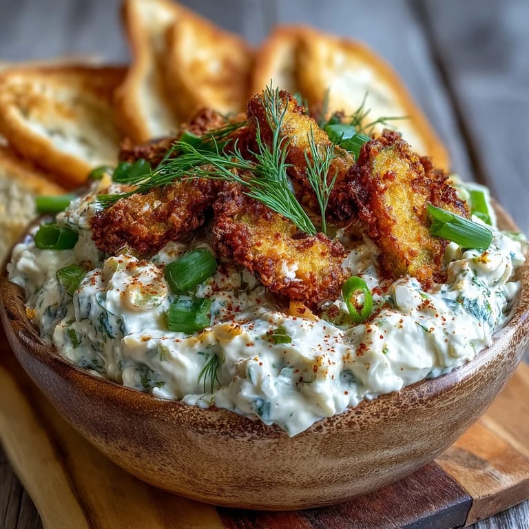 Luxurious fried pickle dip, studded with cheddar and piled high garnish.