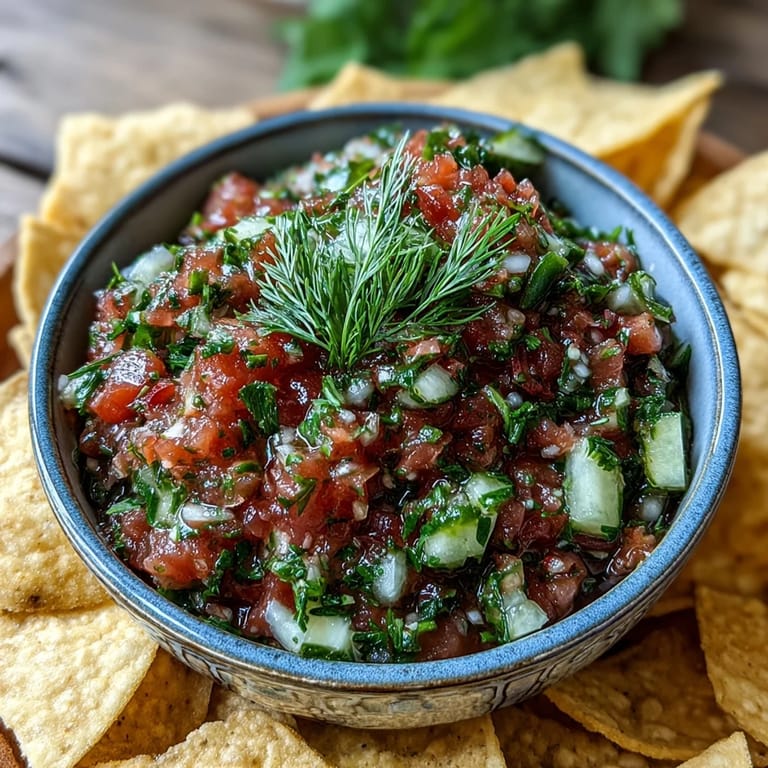 Close-up of vibrant Pickle de Gallo salsa featuring crunchy pickles, juicy tomatoes, and fresh cilantro.
