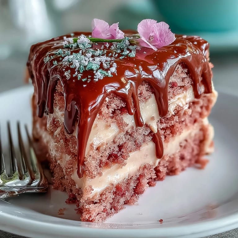 Luxurious Rosé Velvet Cake adorned with shimmering gold, ready to serve.