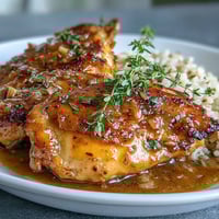 Tender Slow Cooker Honey Mustard Chicken breasts in a velvety, golden sauce served over creamy mashed potatoes.