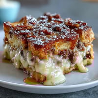 Golden-brown Monte Cristo Breakfast Casserole topped with powdered sugar and drizzled with maple syrup.