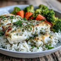 Golden herb-baked tilapia fillets resting on fluffy white rice with vibrant steamed broccoli and carrots.