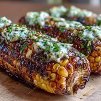 Grilled corn on the cob wrapped in foil with herb butter, tender and juicy with a smoky aroma.