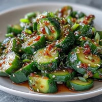 A vibrant smashed cucumber salad glistening with garlic chili oil and sesame seeds.  