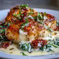 Creamy Tuscan Chicken with Sun-Dried Tomatoes in a rich, golden sauce, spinach, and fresh basil.