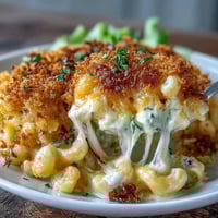 Creamy mac and cheese bake with golden, bubbling cheese sauce and crunchy panko topping, served in a cozy casserole dish.