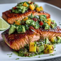 Baked salmon topped with vibrant mango avocado salsa, a colorful and healthy summer dish perfect for dinner.  