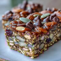 Nut-free granola bars with honey and oats, chewy and golden, packed with seeds and dried fruit for a wholesome, on-the-go snack.