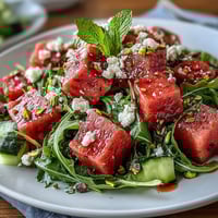 A vibrant bowl of watermelon and arugula salad with feta, mint, and cucumber slices, drizzled with zesty lime dressing.