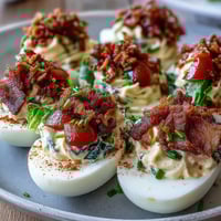BLT Deviled Eggs with Crispy Bacon Crumbles: creamy yolk filling topped with lettuce, tomatoes, and crunchy bacon bits in a classic appetizer twist.