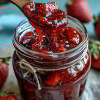 Homemade cottagecore strawberry jam with fresh berries and lemon, capturing spring's sweetness in a rustic jar.  