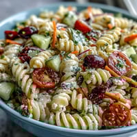 Close-up of Memorial Day Pasta Salad with vibrant, crisp veggies and zesty dressing.