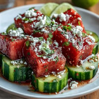Vibrant watermelon cucumber salad with Tajin and lime offers a zesty, cool summer delight.