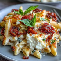 Creamy baked feta pasta with bursting tomatoes and fresh basil, ready to serve.
