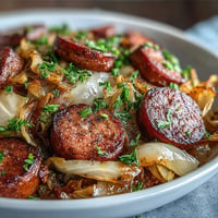Cabbage and Sausage Skillet with smoky sausage and tender cabbage in a tangy mustard sauce, perfect for a comforting weeknight meal.